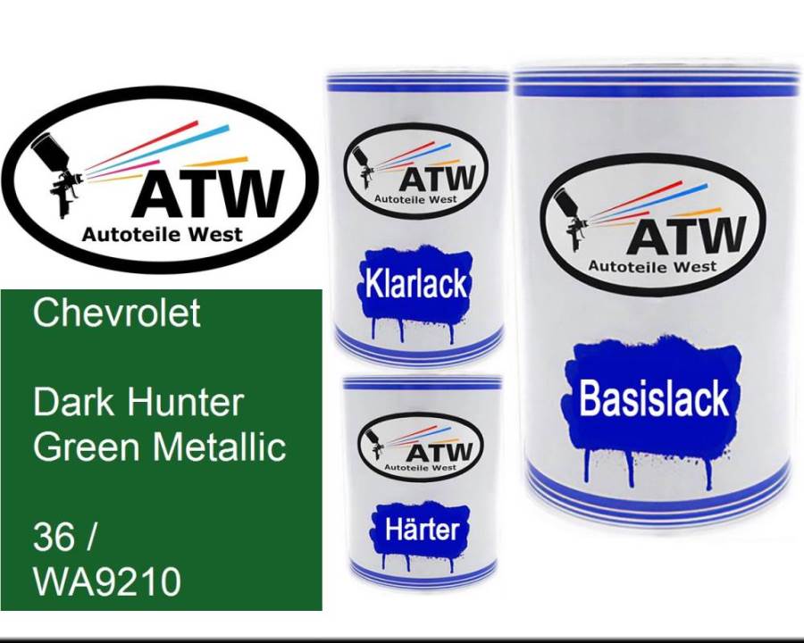 Chevrolet, Dark Hunter Green Metallic, 36 / WA9210: 500ml Lackdose + 500ml Klarlack + 250ml Härter - Set, von ATW Autoteile West.